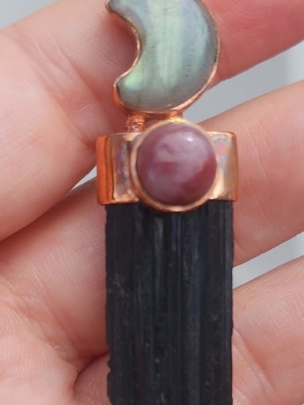 Handmade Black Tourmaline Pendant with Pink Stone and Copper Accents